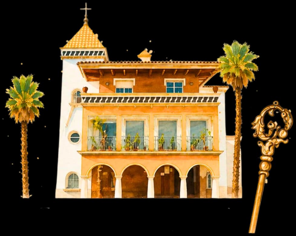 Ilustración de la Parroquia Divina Pastora de Marbella, con sus palmeras y el báculo pastoral